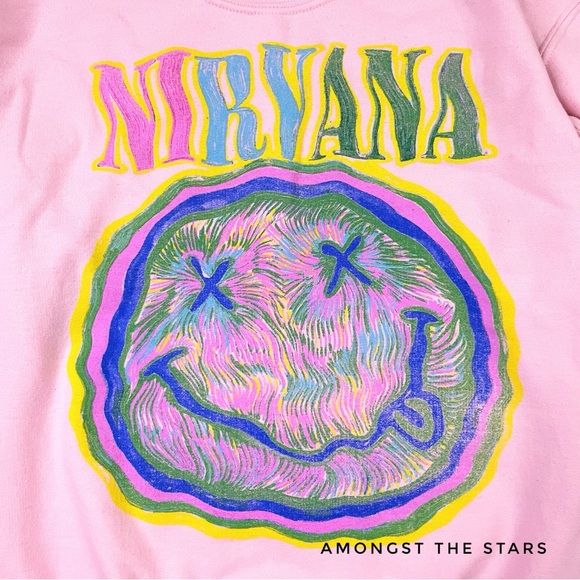 Nirvana Rainbow Smiley Face Paint Brush Stroke Pink Sweatshirt - Picture 2 of 4